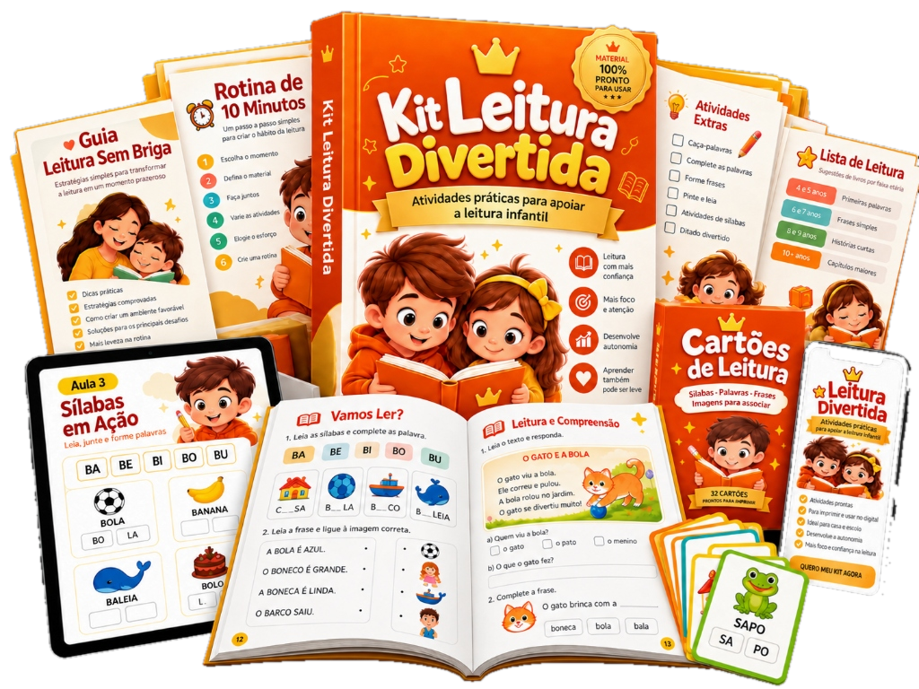 Mockup do Material Completo Kit Leitura Divertida para Crianças com TDAH